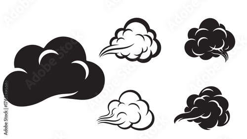 Cough cloud and breath plume silhouettes in bold black for symptom education, air quality checks, and smoking awareness