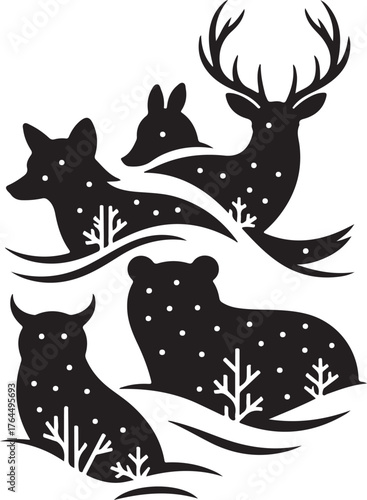 Collection of Winter Animals in Snow Deer, Fox, Rabbit, and Bear Silhouettes