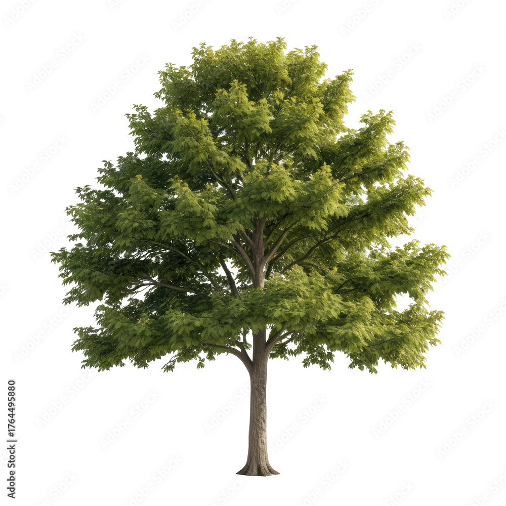 Fototapeta premium Digitally rendered deciduous tree with vibrant green foliage, isolated on black