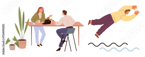 Two colleagues discussing work at a desk with plants, connected to a symbolic figure diving over water waves. Ideal for collaboration, risk-taking, decision-making, creativity, teamwork, innovation