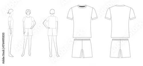 女子サッカーユニフォームのテンプレート（ショート丈パンツ・前・後・横・平面図）Women's Soccer Uniform Template – Short Pants, Front, Back, Side & Flat Views
