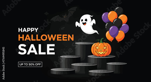 Happy halloween sale with ghost bat pumpkin balloons and product display platforms on black background