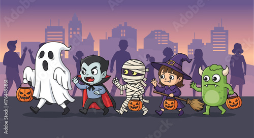 Cartoon kids in halloween costumes trick or treating in city at dusk walking with pumpkin buckets
