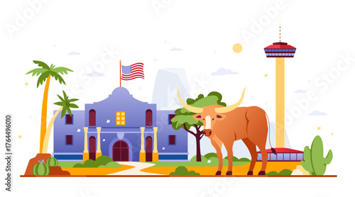 Alamo And Skylon Tower - Colorful Flat Design Illustration