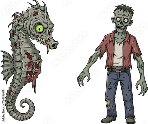 Zombie man with undead seahorse creature, horror fantasy illustration, creepy underwater monster, Halloween cartoon vector art, scary marine zombie design
