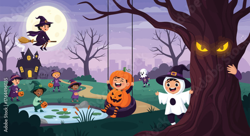 Cartoon halloween scene with children in costumes and a haunted house under a full moon in a park