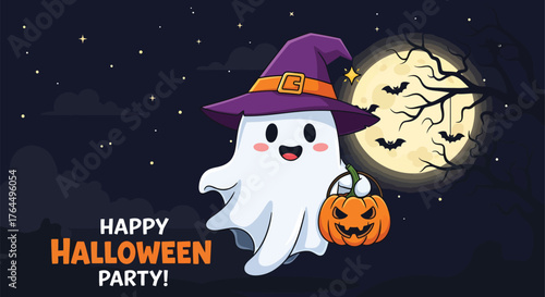 A cartoon ghost wearing a witch hat holding a pumpkin against a moonlit halloween background