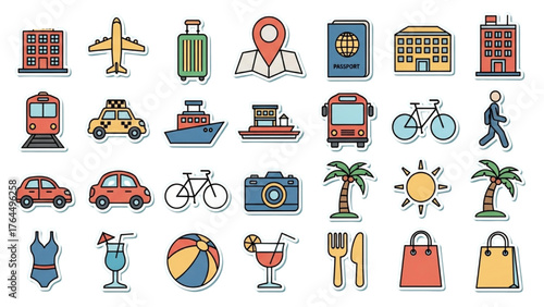 High Quality Black Outline Colorful Art Collection of Travel Pictogram Set 