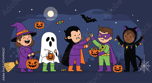 Children in halloween costumes trick or treating with pumpkins and candy on a dark night background