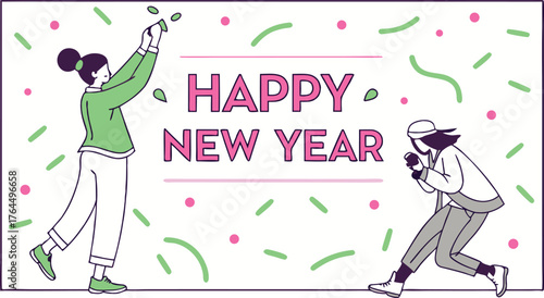 Joyful celebration unfolds with confetti and "Happy New Year" text, two friends embracing festive excitement for a fresh start.