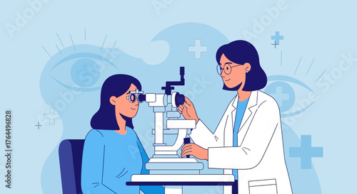 Eye Exam - Doctor Checking Patients Vision with Slit Lamp.