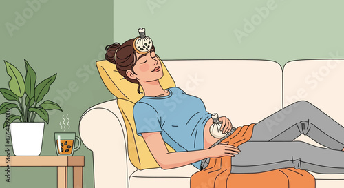 Woman Resting with Ice Pack and Hot Water Bottle.