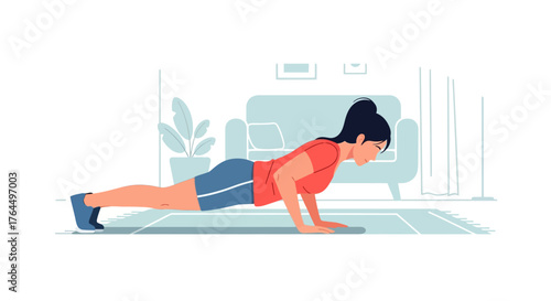 Woman Doing Push-Ups at Home for Fitness.