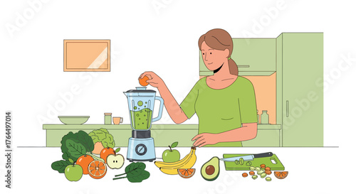 Woman preparing a healthy green smoothie with fresh fruits and vegetables.