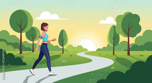 Woman enjoying a morning walk in the park for exercise and health.