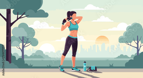 Woman in sportswear stretches after outdoor workout in park.