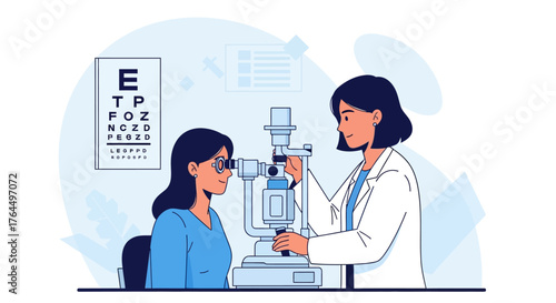 Female optometrist examining patients eyes with a slit lamp.