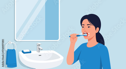 Woman Brushing Teeth in Bathroom Routine.