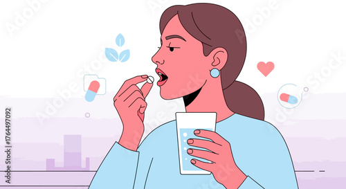 Woman taking a pill with a glass of water.