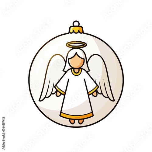 A cartoon angel illustration inside a Christmas ornament with a gold halo and white wings on a white background.