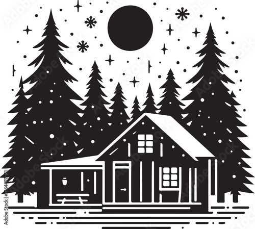 Winter Cabin in Pine Forest Vector silhouette Illustration