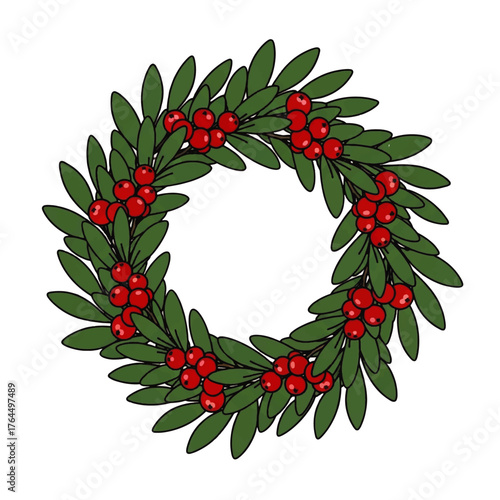 Illustration of a green leafy wreath with red berries on a white background in a flat style.