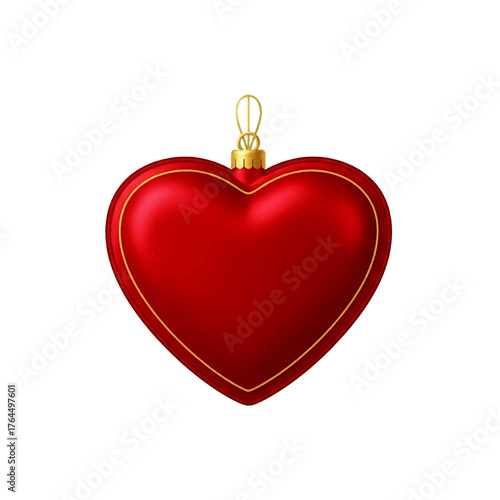 A shiny red heart-shaped Christmas ornament with gold trim and loop against a white background.