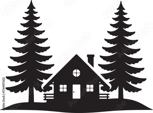 Winter Cabin in Pine Forest Vector silhouette Illustration
