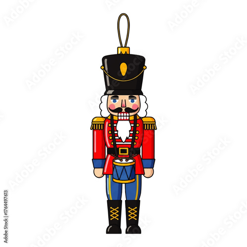 Colorful cartoon nutcracker ornament with red coat and black hat on a white background.