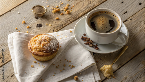 Delicious breakfast with coffee and muffin on rustic wooden table, a delightful start to the day