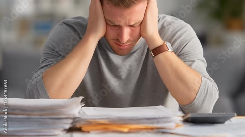 Young man overwhelmed by bills and paperwork stressed desk with calculator and stacks of documents man holding head over stack of paperwork and bills