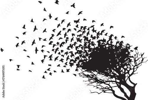 A silhouetted tree dissolves into a flock of birds taking flight against a white background, symbolizing transformation and freedom