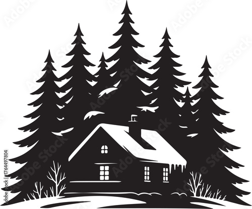 Winter Cabin in Pine Forest Vector silhouette Illustration