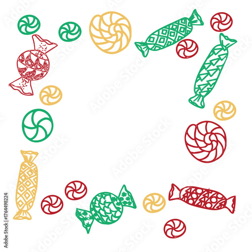 Colorful candy frame. Hand drawn sweets border with decorative doodle patterns