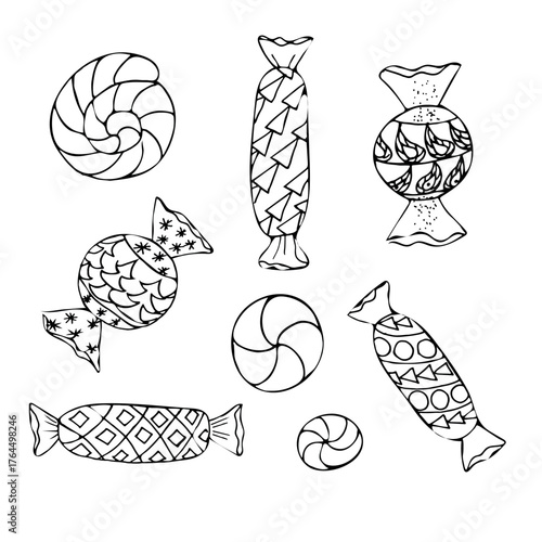 Hand drawn candy set. Vector doodle sweets with decorative patterns, isolated on white background
