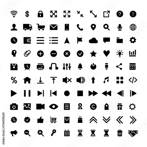 UI elements for websites. Big set of vector black icons isolated on a white background.