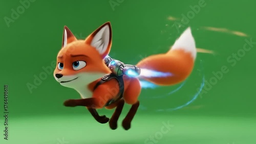 Animated Fox with Jetpack Flying Fast Through Green Screen Background.