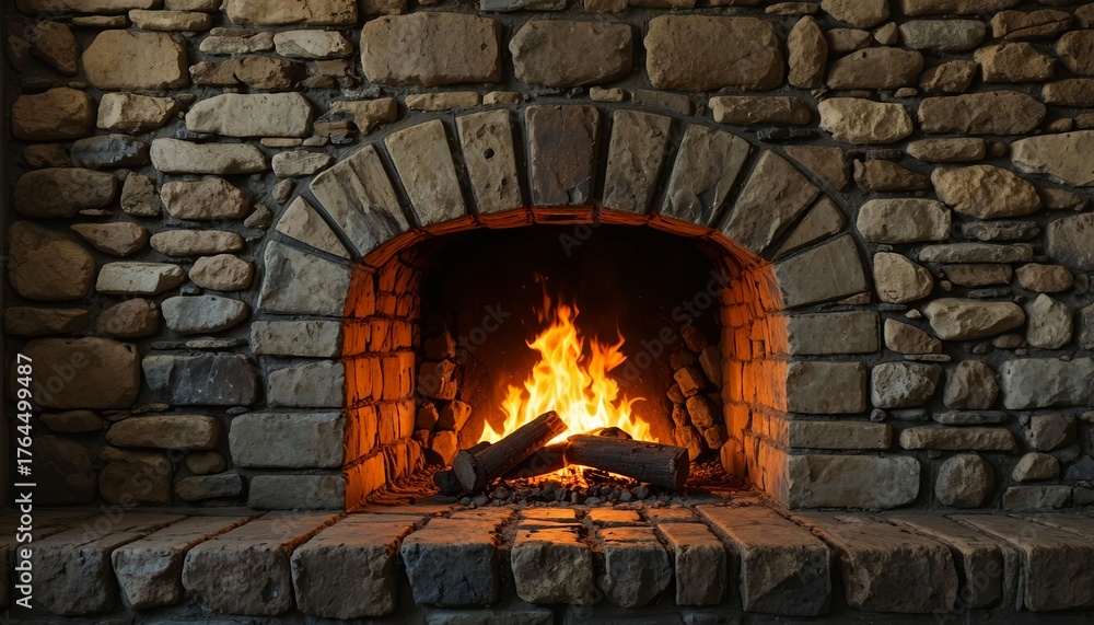 Obraz premium Old fieldstone wall illuminated by flickering firelight, full frame, cozy hearth texture, warm rustic tones.
