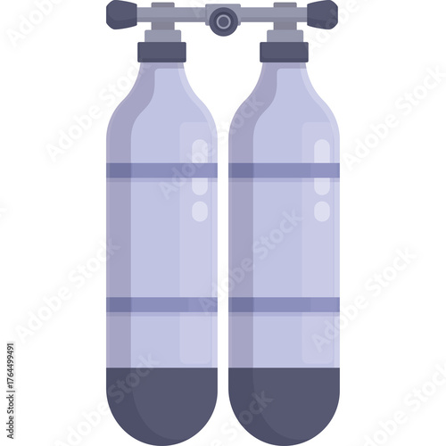 Pair of Blue Scuba Diving Tanks Connected by Valve Equipment for Underwater Exploration and Breathing Apparatus