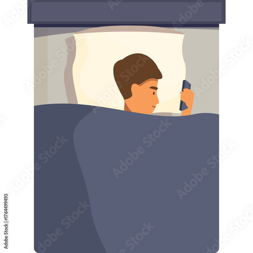 Overhead view of a person in bed using a smartphone at night illuminated by screen light with a soft pillow and blue blanket