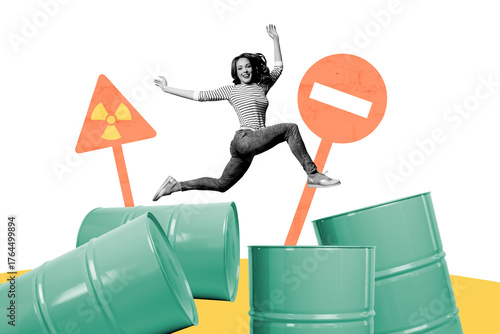 Composite creative art collage of happy girl run poison nuclear waste environment danger forbidden sign isolated on painted background