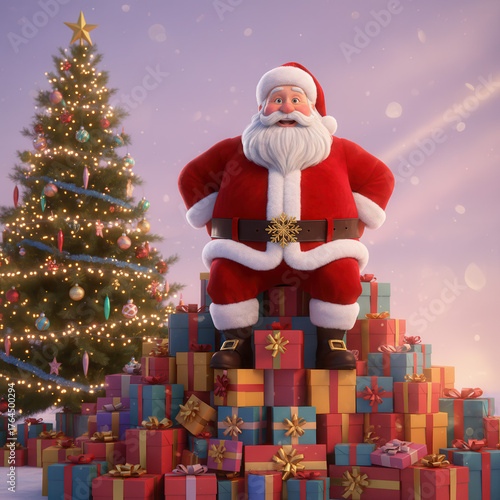 Festive Santa Claus standing atop a mountain of colorful Christmas presents next to a decorated tree