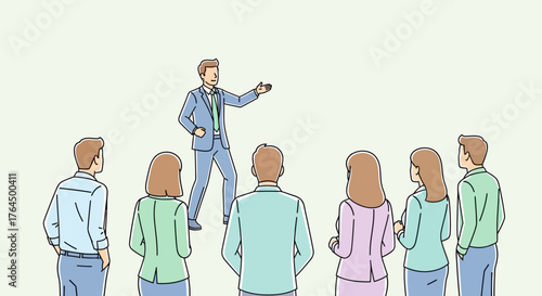 Confident speaker addressing audience during presentation in business meeting.