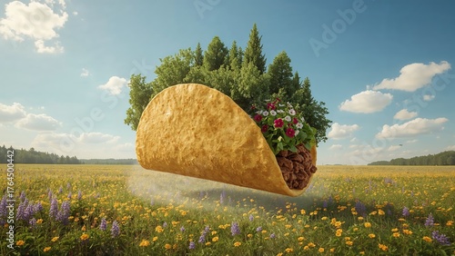 Fototapeta Naklejka Na Ścianę i Meble -  Surreal floating taco with trees and flowers in sunny wildflower meadow under blue sky, nature food concept art