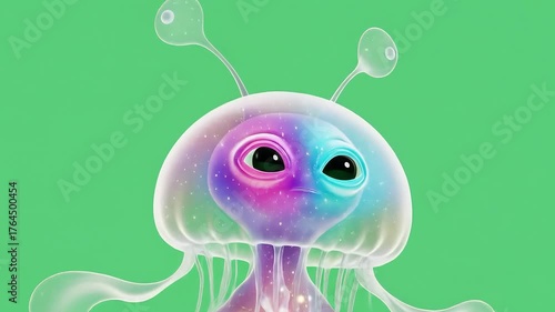 Adorable Animated Alien Jellyfish Character on a Green Background.