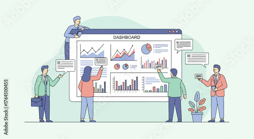 Team analyzing data dashboard with charts and graphs for business insights.