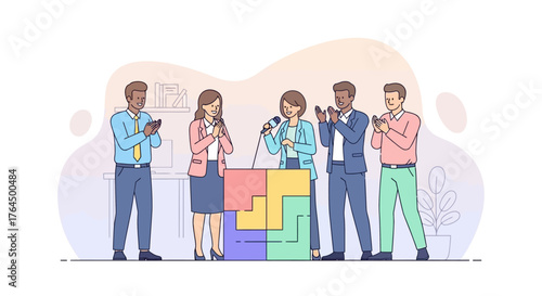 Diverse group of professionals at a press conference with a puzzle podium.