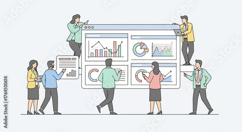 A collaborative team of professionals analyzing data on a large digital dashboard.