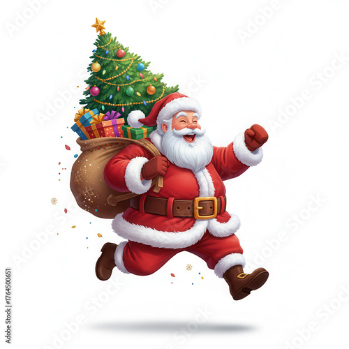 Cheerful Santa Claus running with a sack full of Christmas gifts and a decorated tree