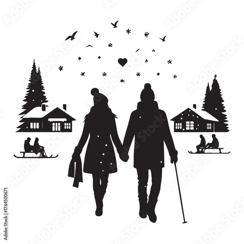 Winter Couple Silhouette Vector Illustration